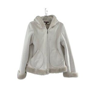 Mudd Womens White Faux Suede Hooded Jacket Faux Fur Trim & Zip Closure